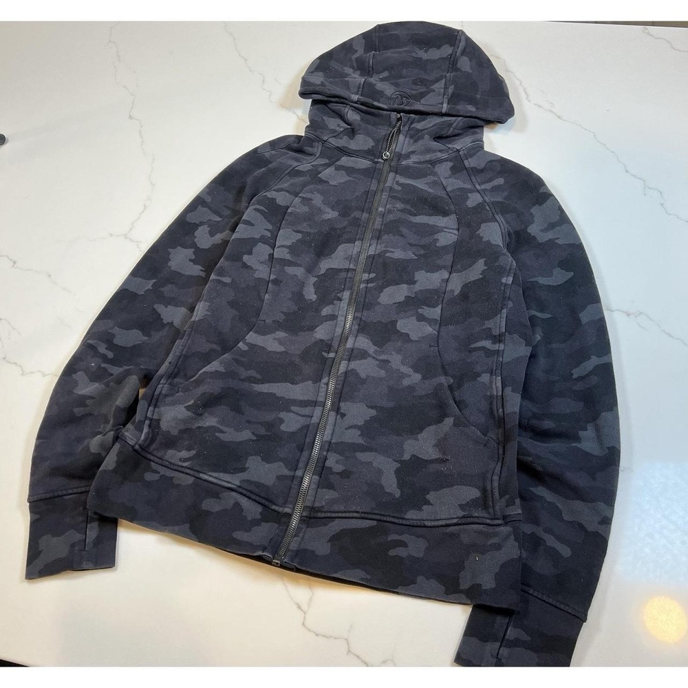 Lululemon Scuba Full-Zip Hoodie Women Black Camo Thumbholes Cotton Blend